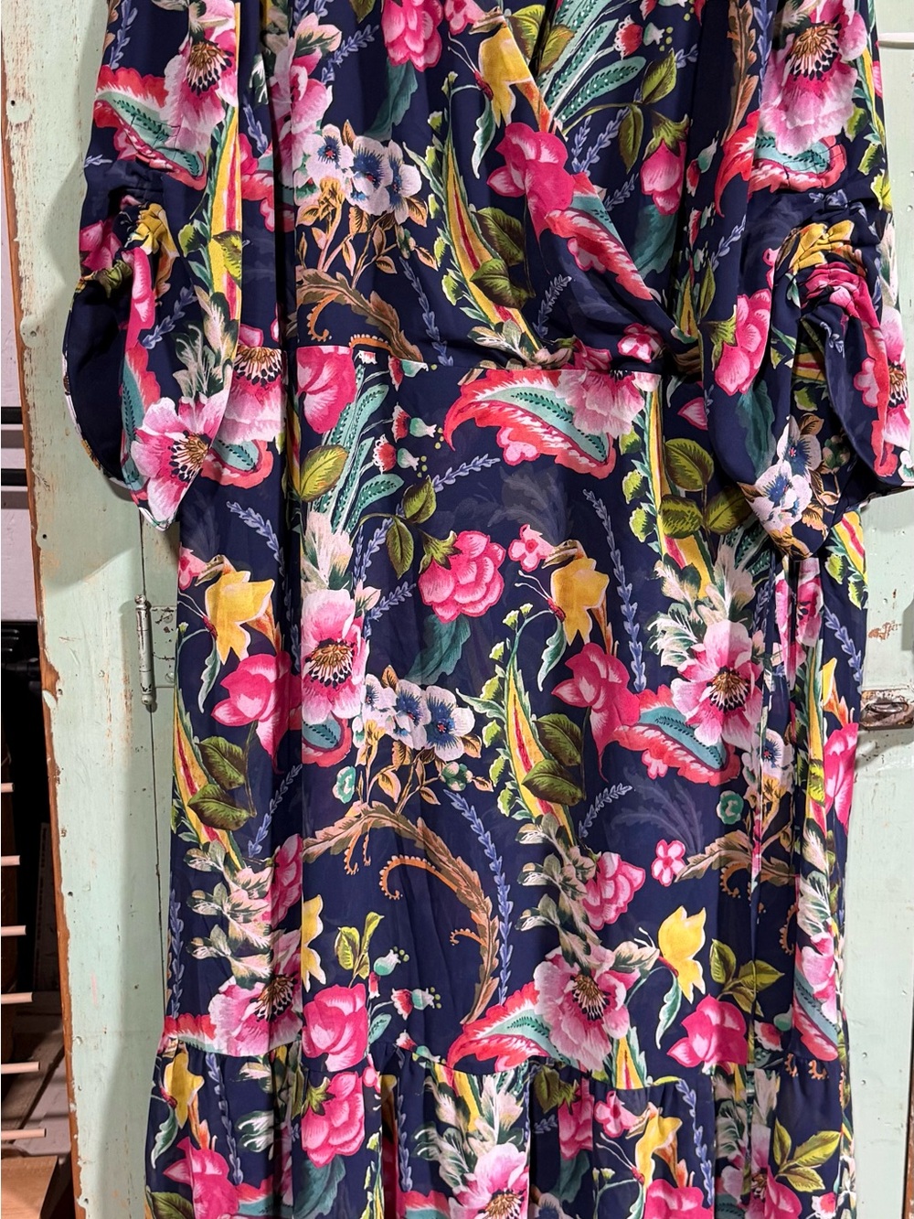 Soft Surroundings Navy Maxi Dress with Pink & Yellow Floral Print